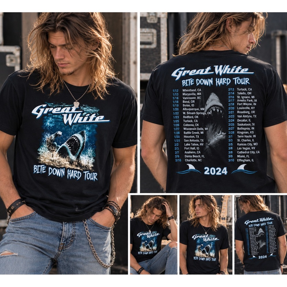 Great White 2024 Bite Down Hard Tour V.2 Official T-shirt NEW Adult Size Med